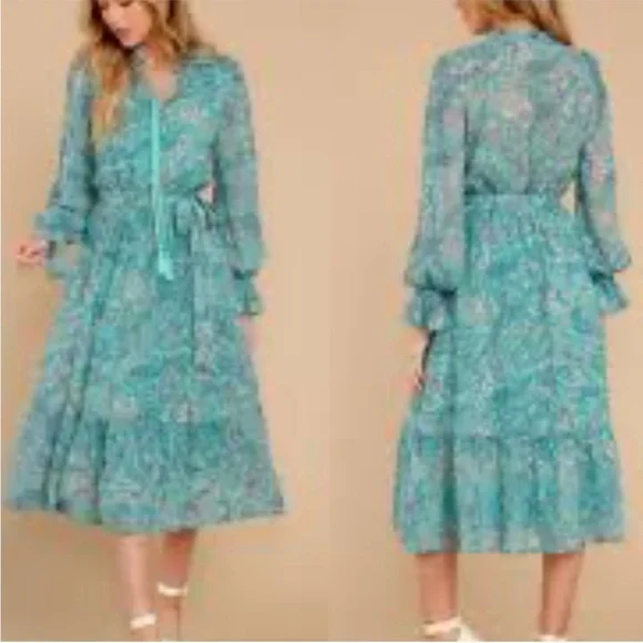 ❤️ Aura Turquoise Paisley Floral Modest Beautiful Long Sleeve Dress Blue Green - Picture 2 of 8